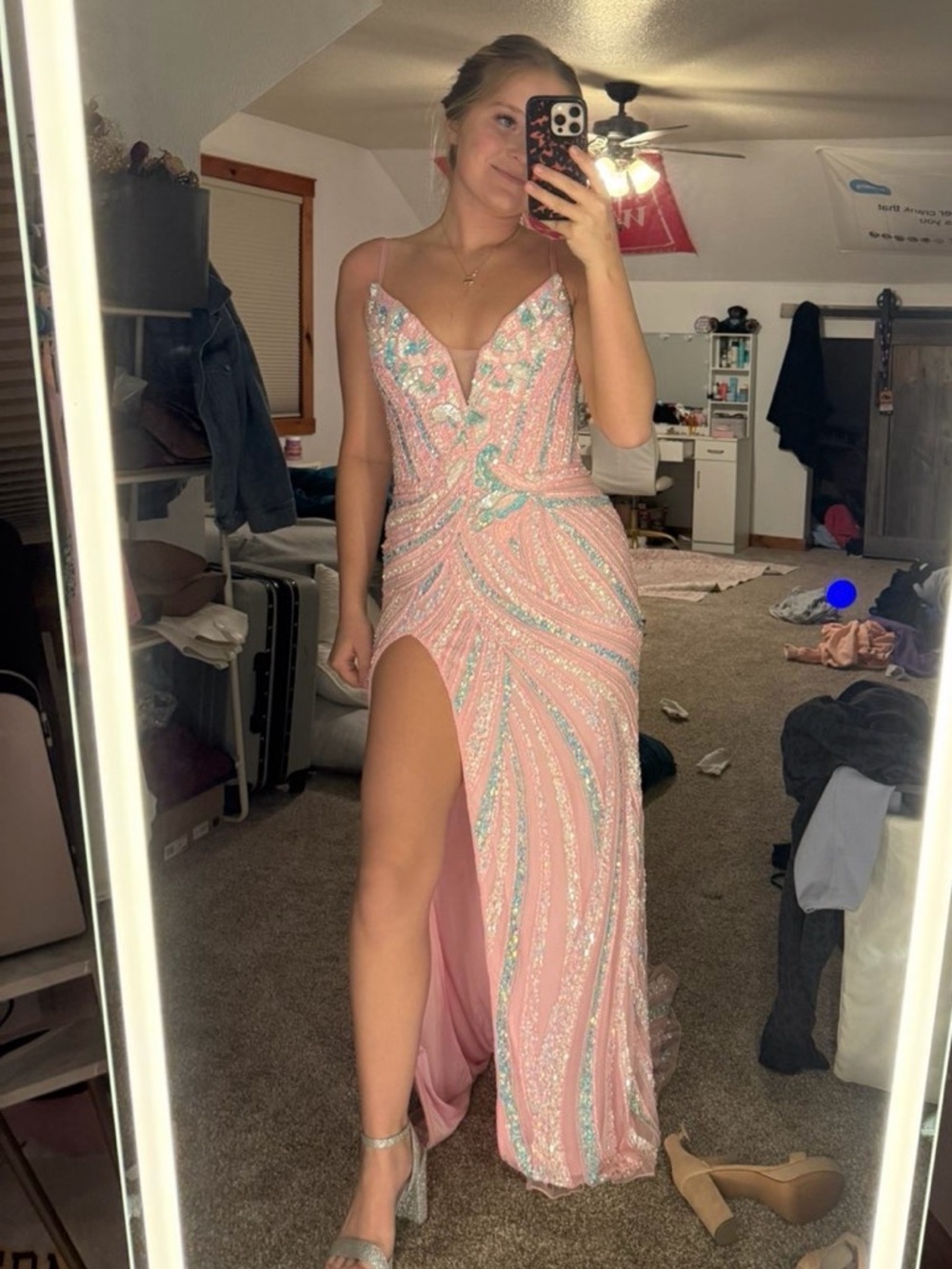 Elegant Pink Beaded Prom Dress with High Slit - Picture 1 of 8